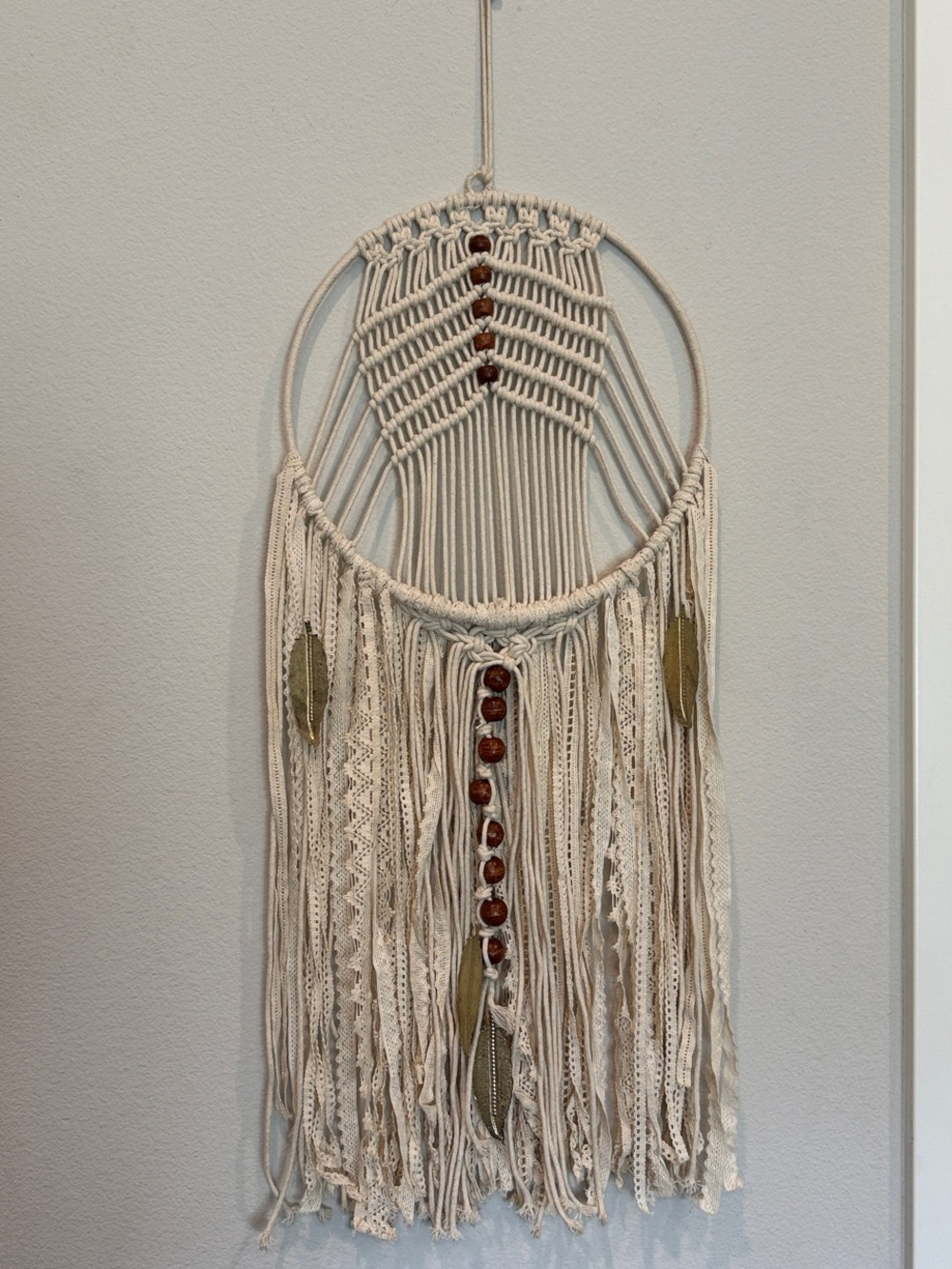 Boho Whimsy Gold Feather Macrame Wall Hanging 12” x 35”